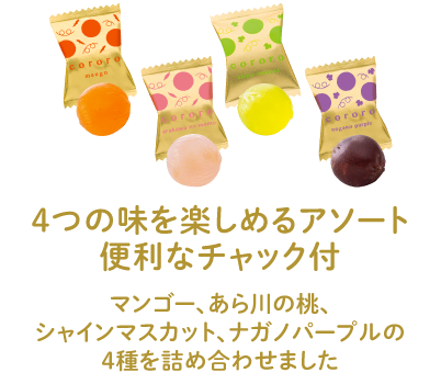 4つの味を楽しめるアソート 便利なチャック付 - マンゴー、あら川の桃、シャインマスカット、ナガノパープルの4種を詰め合わせました